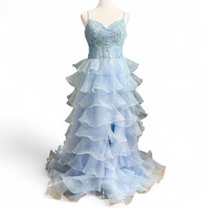 Elegant Light Blue Ruffled Gown Jules & Cleo